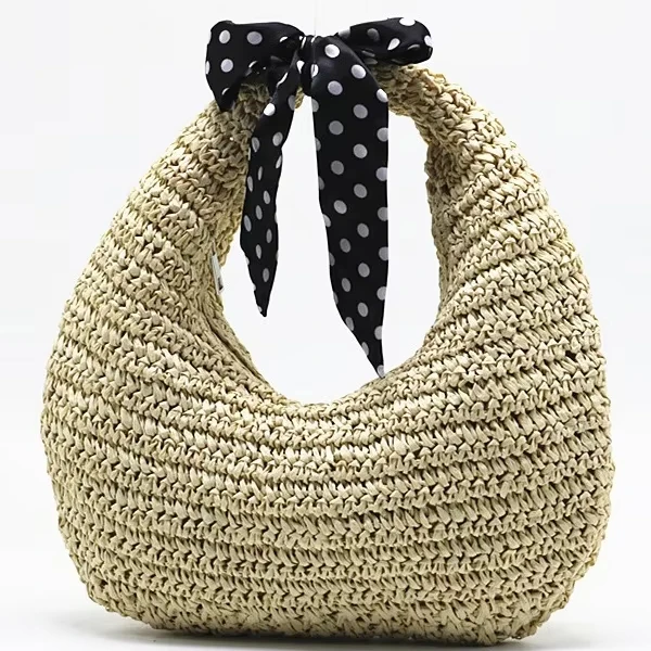 Custom Logo 2024 New Fashion Crochet Bag Straw Beach Bag Shoulder Handbag Hand Woven Tassel Straw Tote Bag For Women