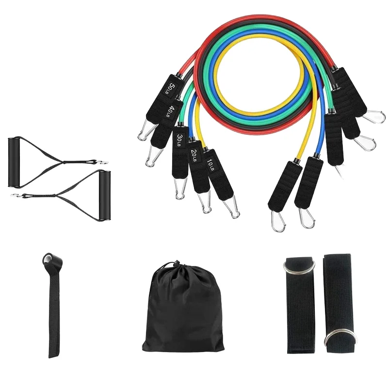 T317 11PC Home Fitness Loop Exercise natural rubber Resistance Bands Set Elastic Pull Ropes for Indoor Strength Training