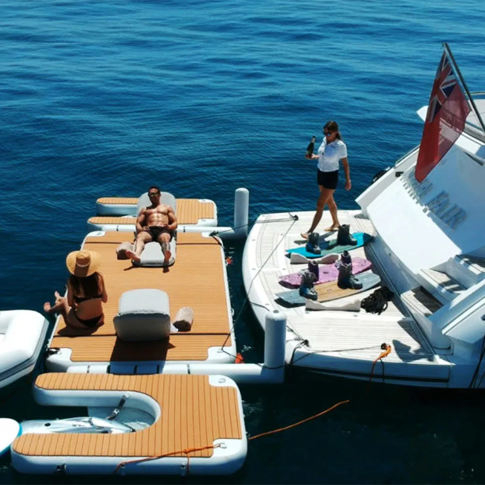 Drop stitch inflatable floating pontoon dock water inflatable teak platform floating island dock aqua floats jetski dock