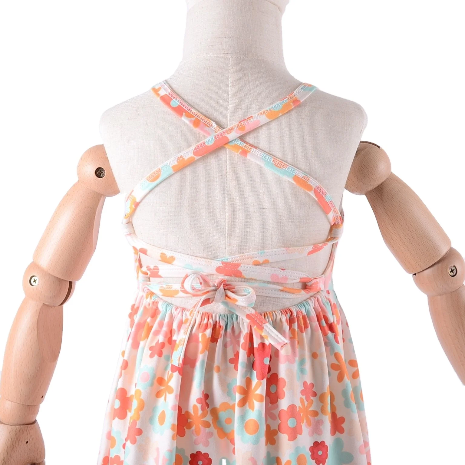 One piece custom 230g fabric back cross skirt girls spring summer twirl dress printing dress flare sleeve T-shirt girls dress