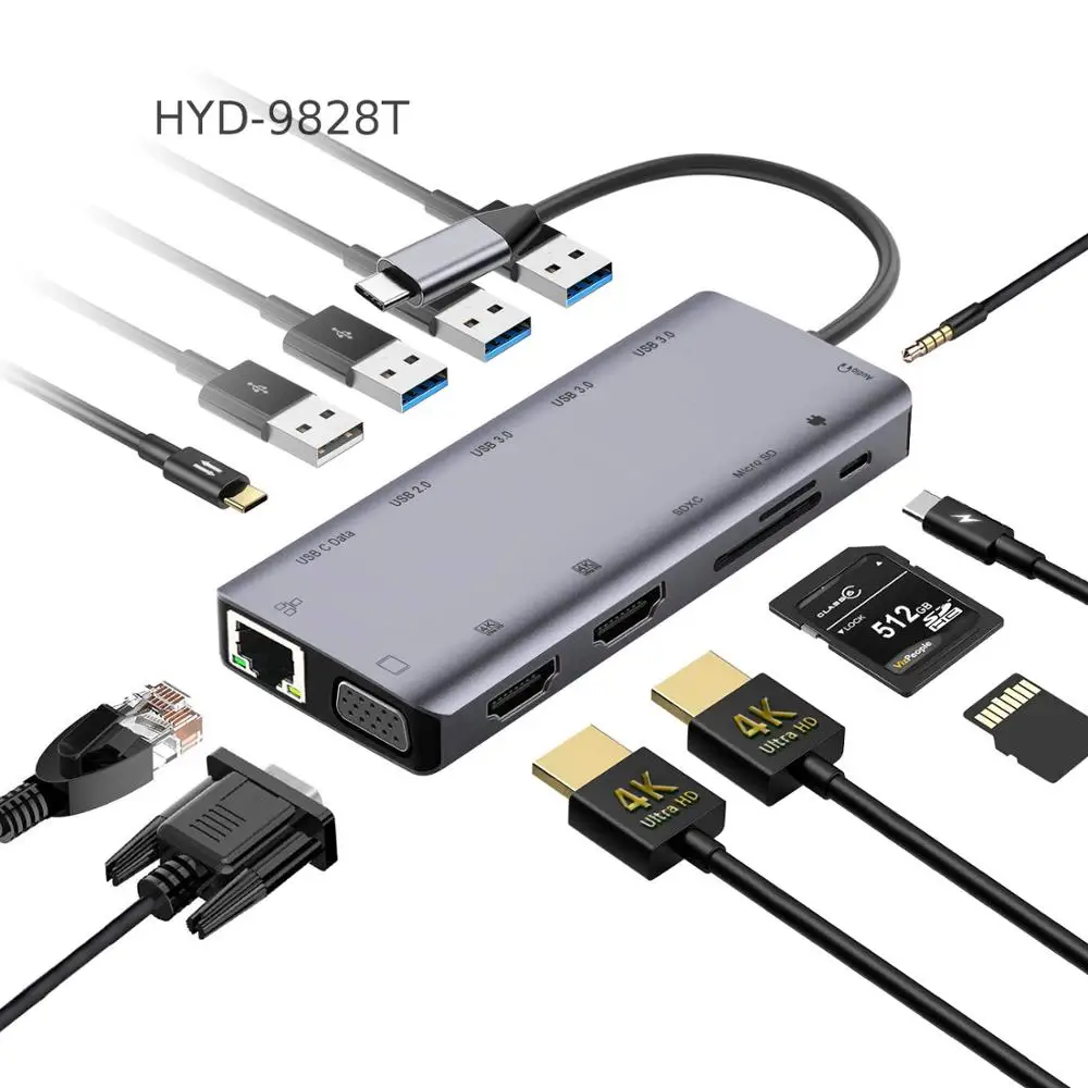 HYD-9828T 13 в 1 usb c hub с 4K HDM1 Video usb 3,0 hub Gigabit Ethernet 100w power deliveryl, совместимый порт для зарядки