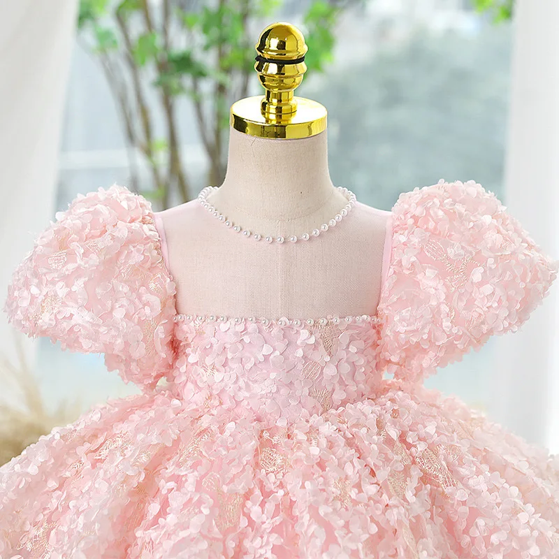 Boutique Fall Pink Beaded Puff Sleeve Flower Girls Wedding Dresses Frock Toddler Kids Pageant Party Gown Baby Casual Clothes