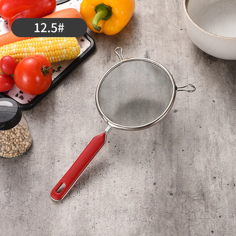 F3-308 Stainless steel short handle double ear net leaky spoon creative red handle flour sieve filter spoon net