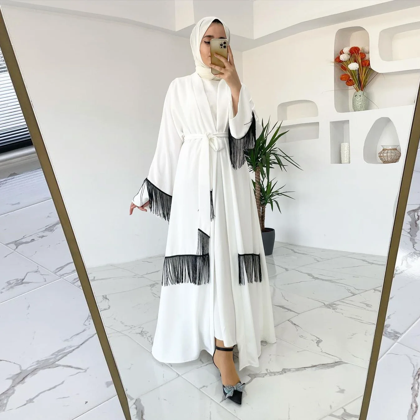 Custom Open Abaya Muslim Women Dress Turkey  Femmes Kimono Robes White Chiffon Abaya With Tassel