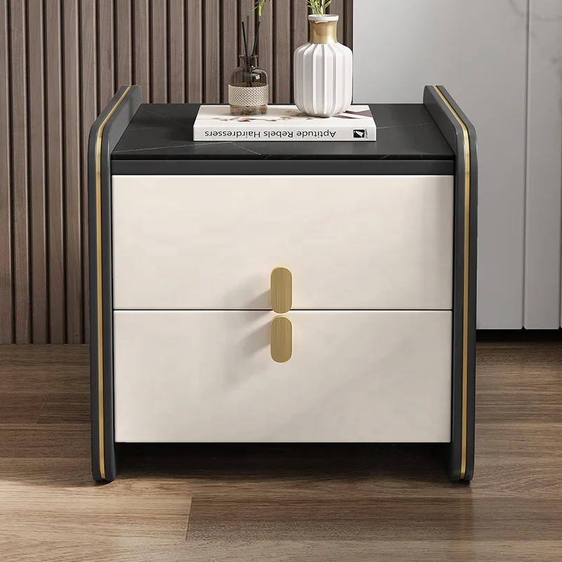 Light luxury rock plate countertop storage bedside table with double drawer
