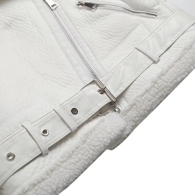 Women beige fur faux leather jacket coat with belt turn down collar Short Winter Jacket Women Thick Warm Oversized Coat