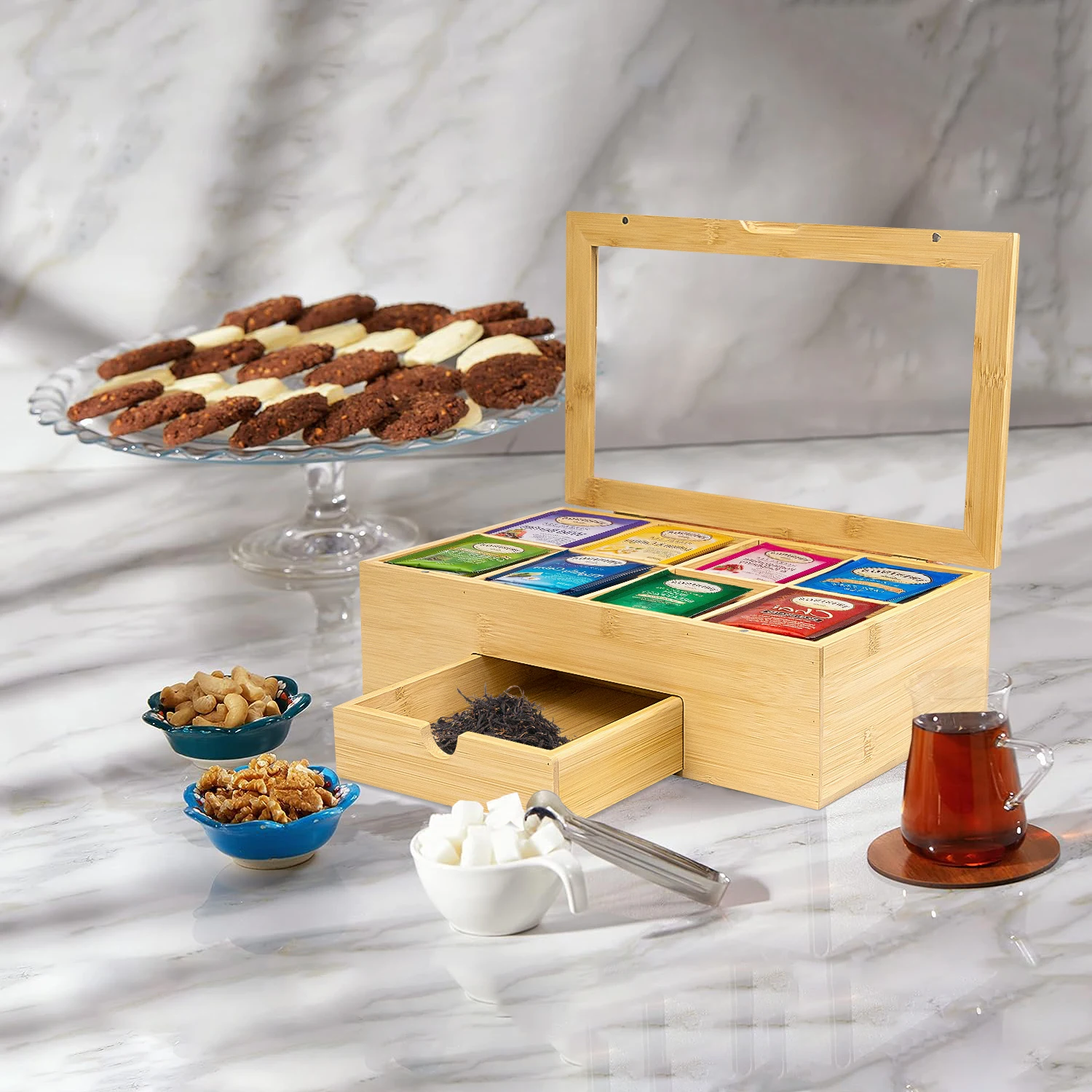 GL 6 Compartments High Quality Natural Bamboo Tea Bag Organizer Box,Tea Holder for Tea Bags Organizer With Drawer
