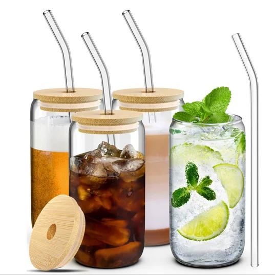 16oz 18oz 550ml Clear Borosilicate Beer Can Glasses Can Shaped Glass Cup Pint Beer Juice Glasses with Bamboo Lid and Glass Straw