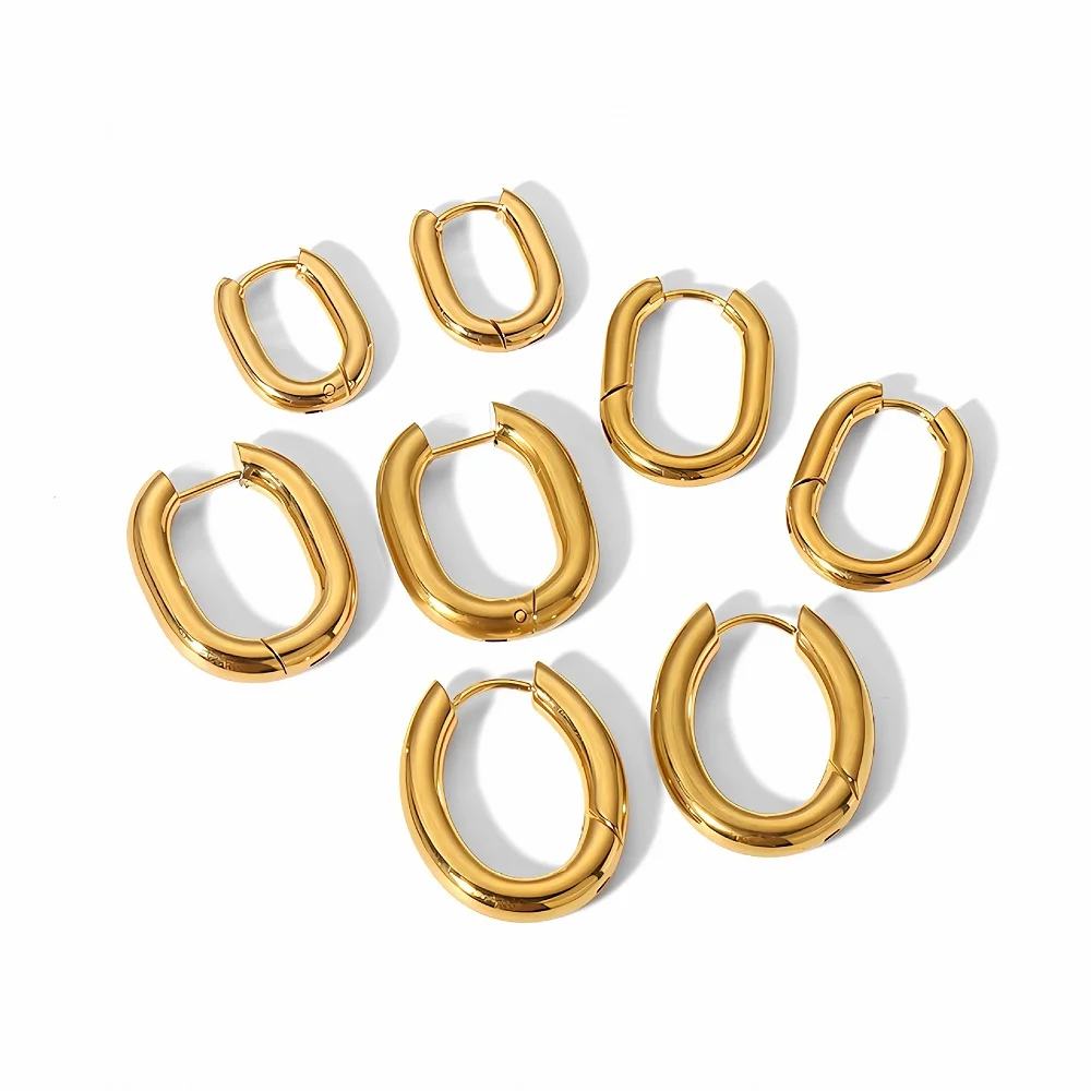 Minimalist 18k Gold Plated Oval U Shaped Hoop Earrings Waterproof Chunky Geometric Stainless Steel Huggie Earrings for Women