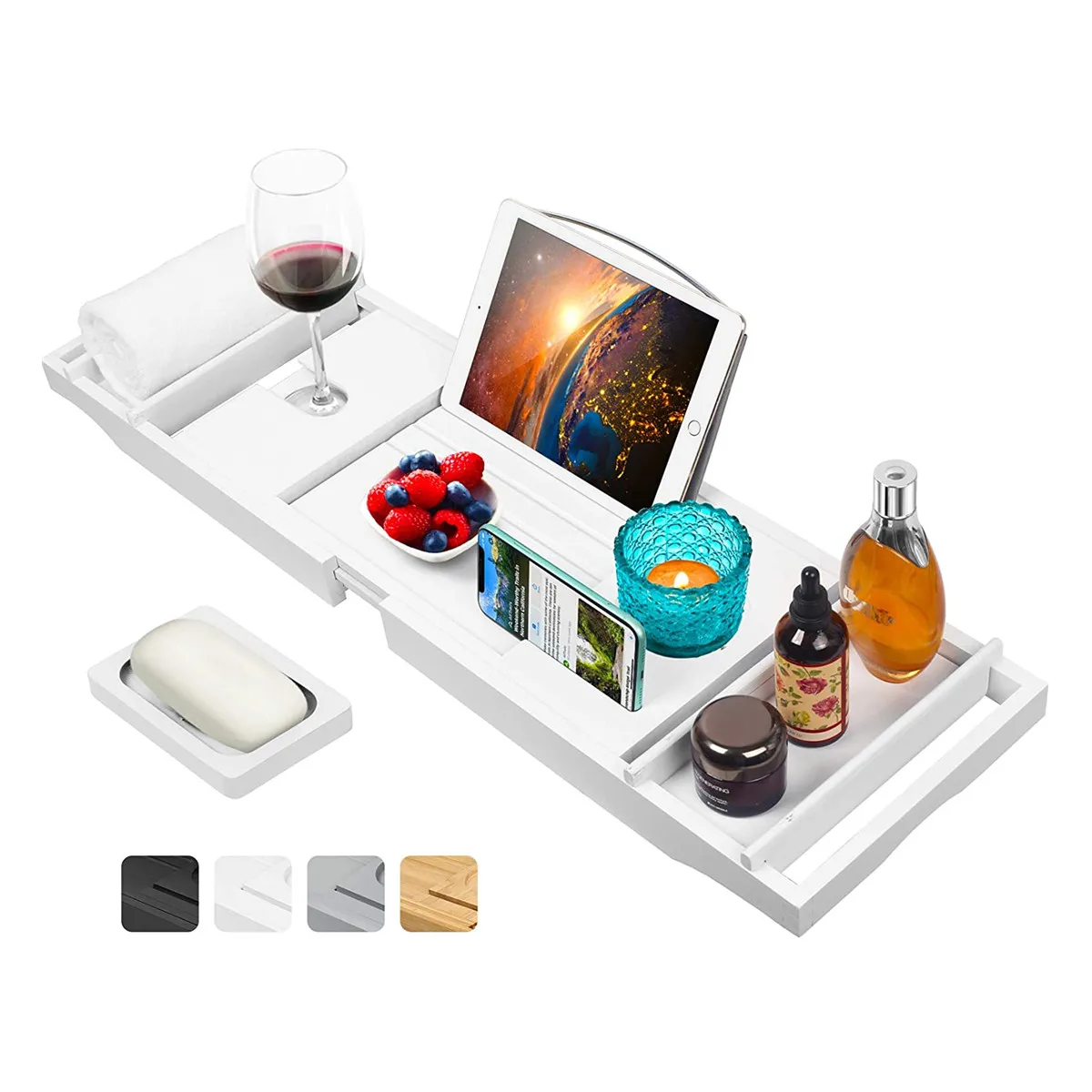 Bamboo Bathtub Caddy Tray with Book and Wine Holder