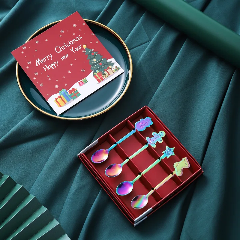 Christmas themed stainless steel spoon set with gift box exquisite Gold Silver  round spoon tableware creative business gift