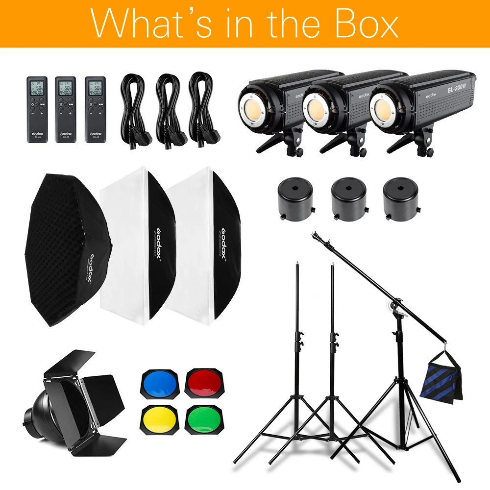 600W Godox SL-200W 3x 200w Continuous Light Studio LED Light With Soft box Stand Honeycomb Grid Boom Arm