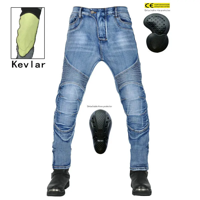 New vintage casual drop pants washed stretch riding pants kevlar biker rip resistant motorcycle jeans for men