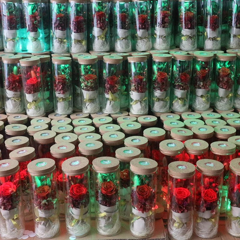 rainbow preserved rose flowers in glass wishing bottle with light in red colour single gift box wholesale for valentines