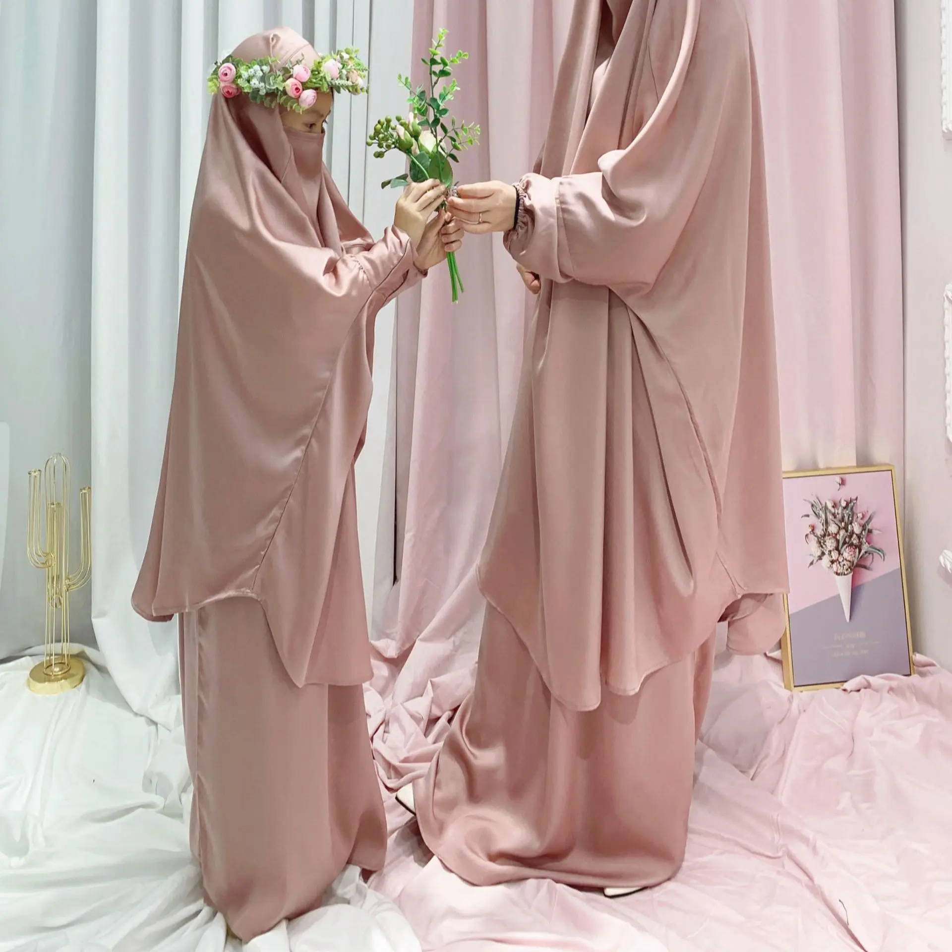 RTS Muslim Women Mommy Girl Kid Child Long Hijab Dress Prayer Garment Jilbab Abaya Long Khimar Gown Abayas Islamic Clothing