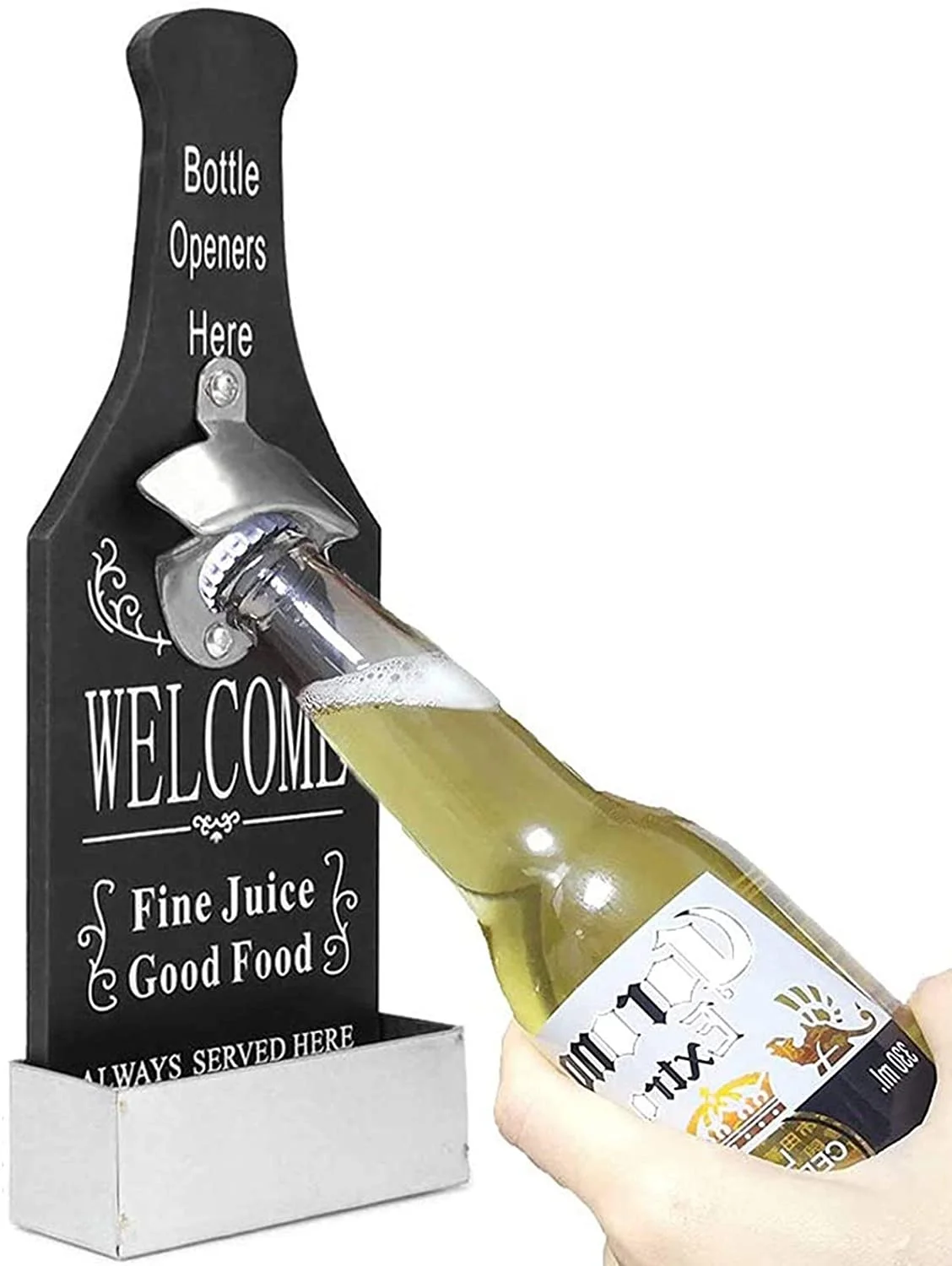 Wooden Wall Mounted Beer Corkscrew with Collection Container Rustic Look Beer Corkscrew Bottle opener on the wall