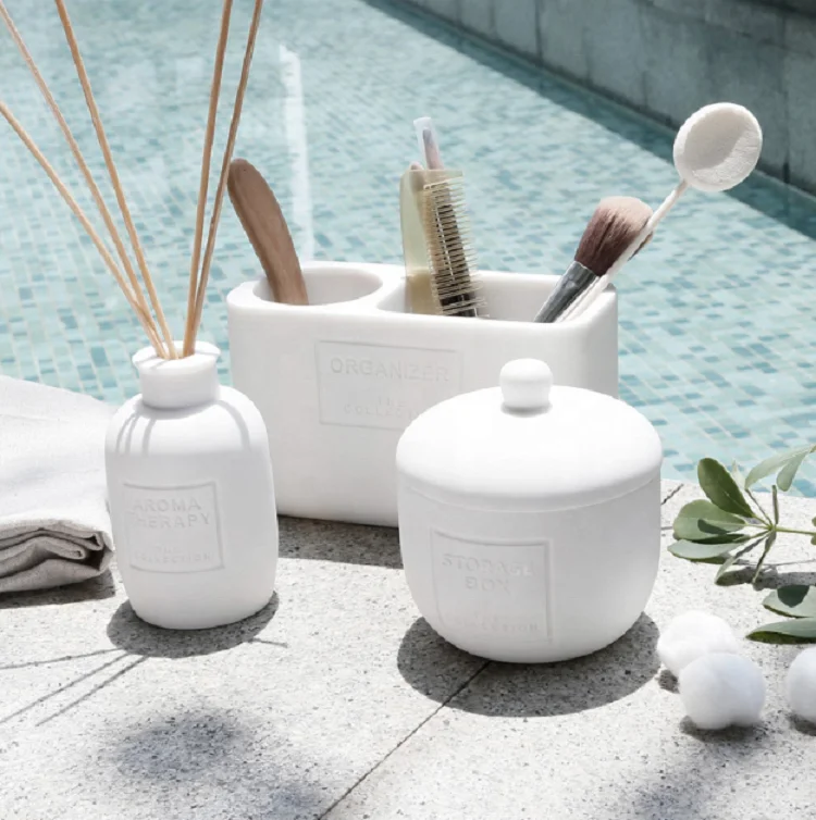 
Classic White Stone Collection Bathroom Vanity Storage Organizer Canister Jar for Cotton Balls, Swabs and Bath Salt 