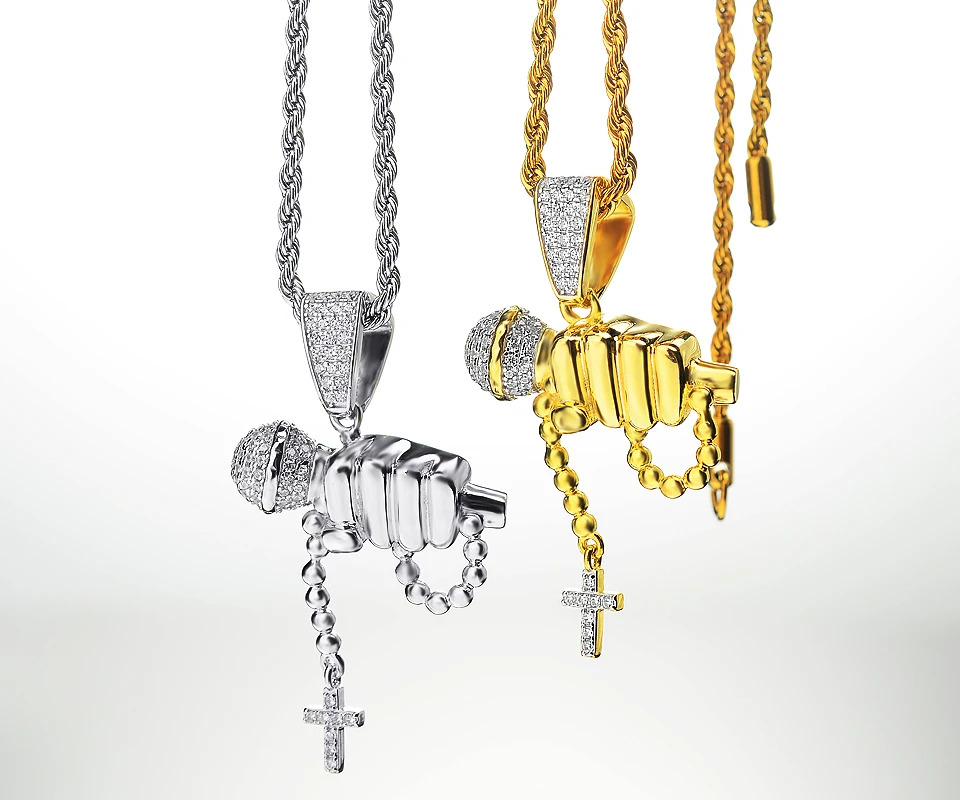Men Rapper Jewelry Pave Cz Rock Music Iced Out Zircon 925 Sterling Silver Microphone Pendant Necklace
