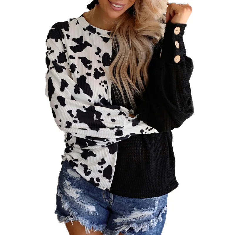 2023 New Casual Cow Print Waffle Knit Long Sleeve Top Women S Clothing Spring Clothes