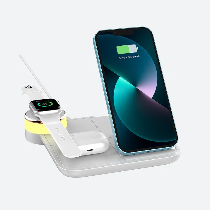 New 15W Qi Fast Wireless Charger Stand For iPhone 12 Apple Watch 4 in 1 Foldable Charging Dock Station With RGB Night Lamp