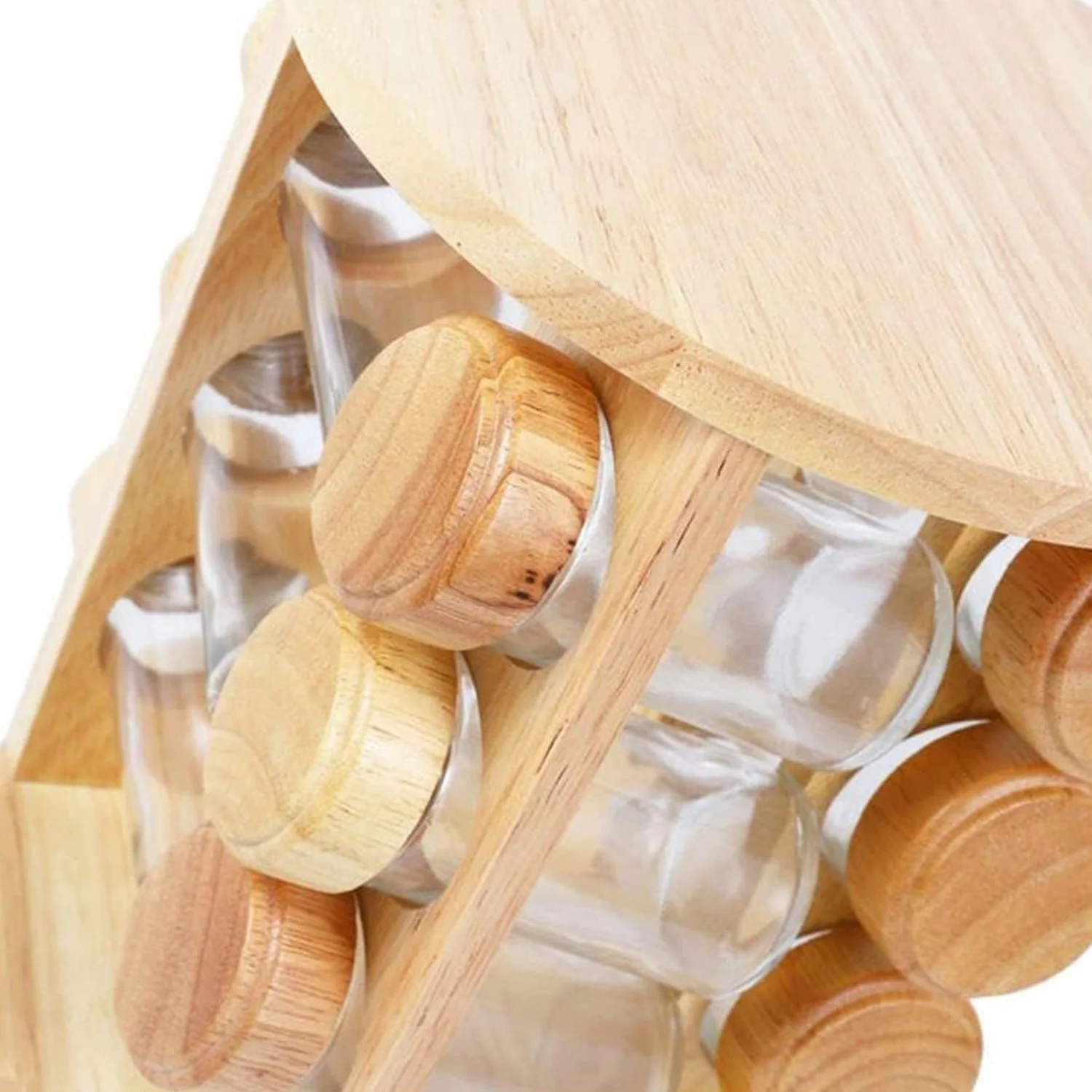 Spice Jar Rack Revolving Rotating Countertop Glass Canister Spice Container Wooden Spice Organizer