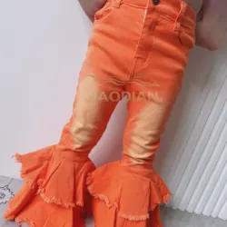 New Hot Sale Stylish Fall Winter Kids Denim Pumpkin Color Double Flared Bells Baby Girl Pumpkin Dual Ruffler Jeans Bells