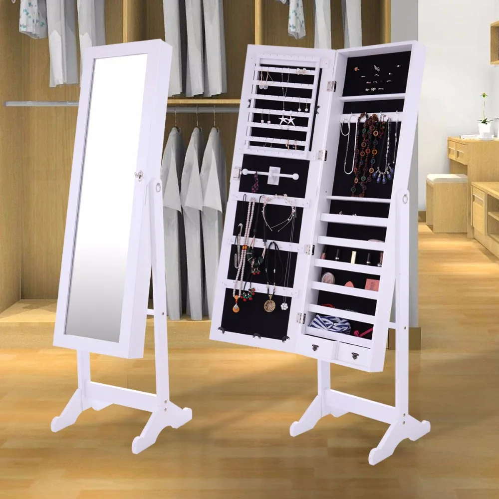 Black home furniture wood jewelry cabinet with standing mirror