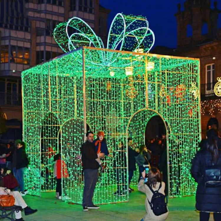 christmas art decoration luxury led 3d gift box sculpture iron metal frame for yard decoration
