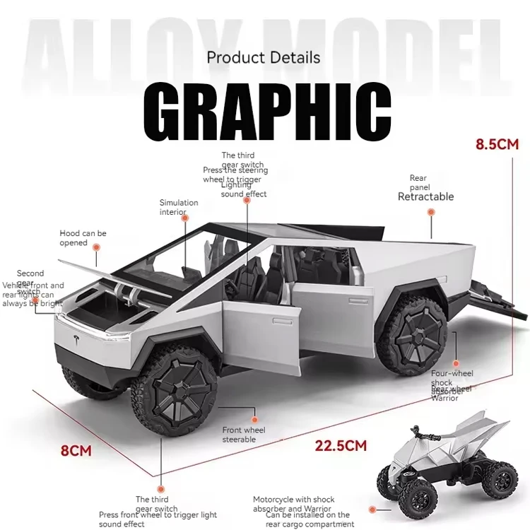 1/24 diecast Tesla Cybertruck pickup alloy car model pullback with ATV decorate metal model