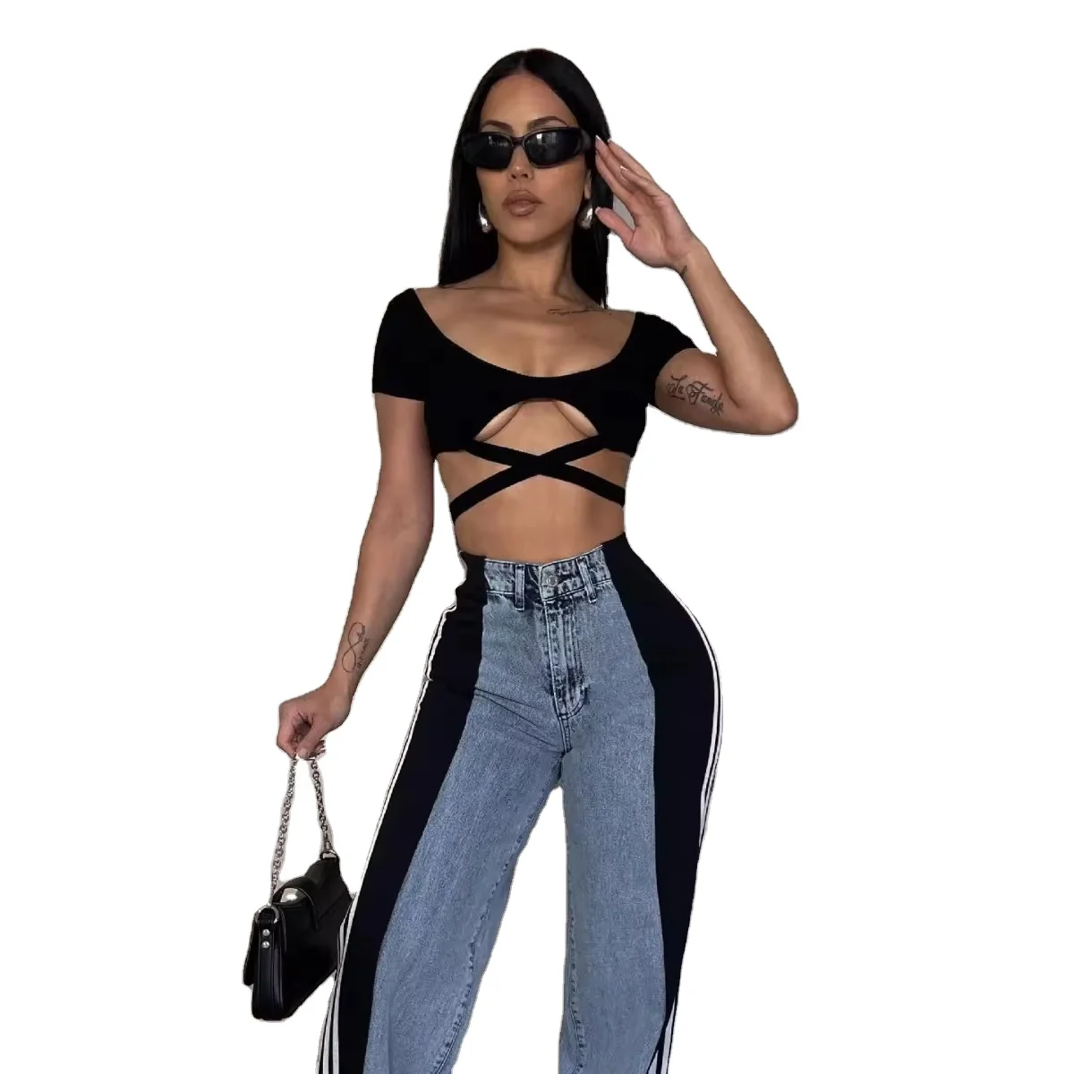 Kilig New Design Streetwear Retro Wide Leg Elasticity Denim Pants Individuality Side Stripes Pants For Women