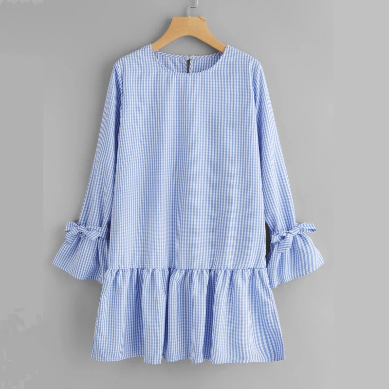 Flute Sleeve Tiered Hem Gingham Clothes Ladies Simple Fashion Dress