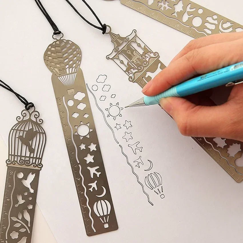 Custom Multifunctional Hollow Out Bookmarks Template Portable Stainless Steel Painting Drawing Graffiti Ruler Stencil
