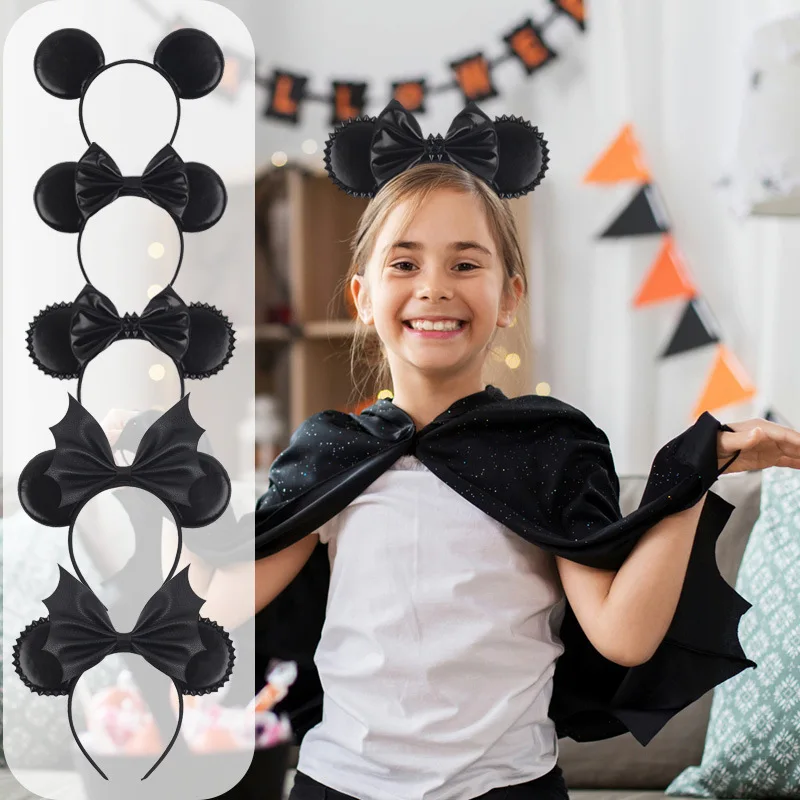 Higher Quality Halloween Party Custom Hair Accessories Leather Black Rivets Bat Mouse Ears Headband For Women
