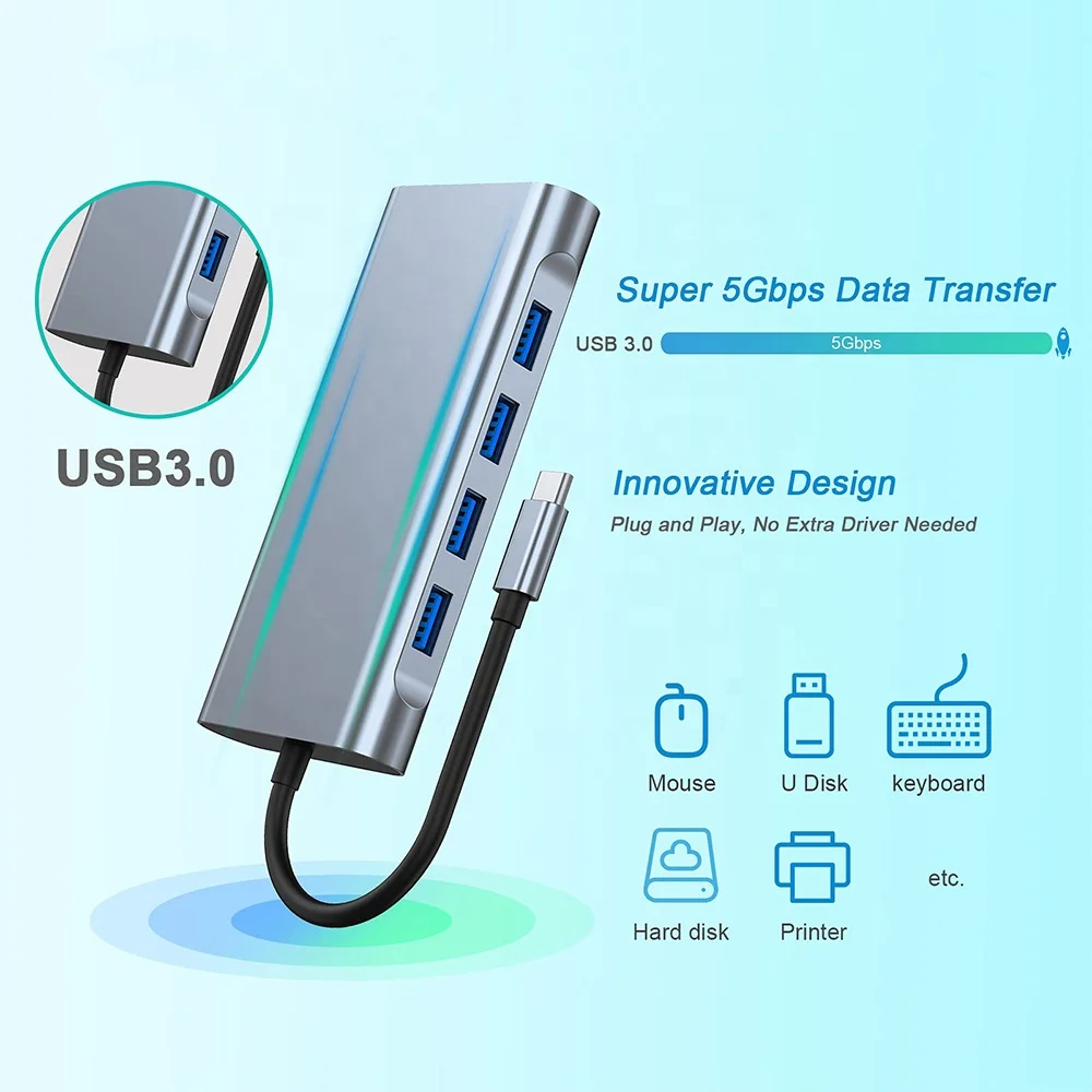 Computer hardware software aluminum 11 in 1 type c to 4k hdmi vga 100M RJ45 usb charging hub type c docking station for laptop