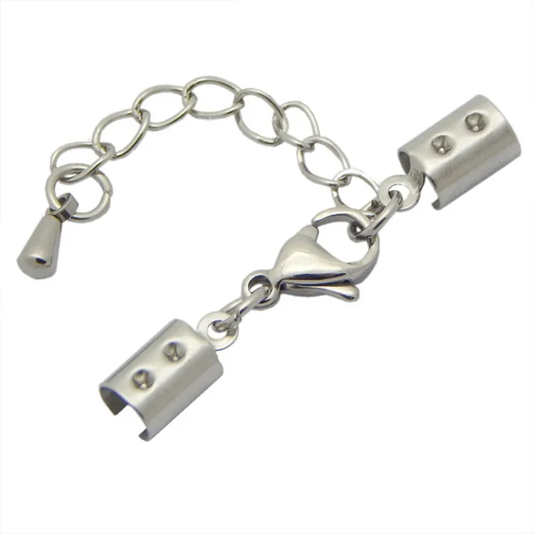 S851 Stainless steel lobster clasps and crimp ends set for leather cord, Stainless steel crimp ends with lobster clasps