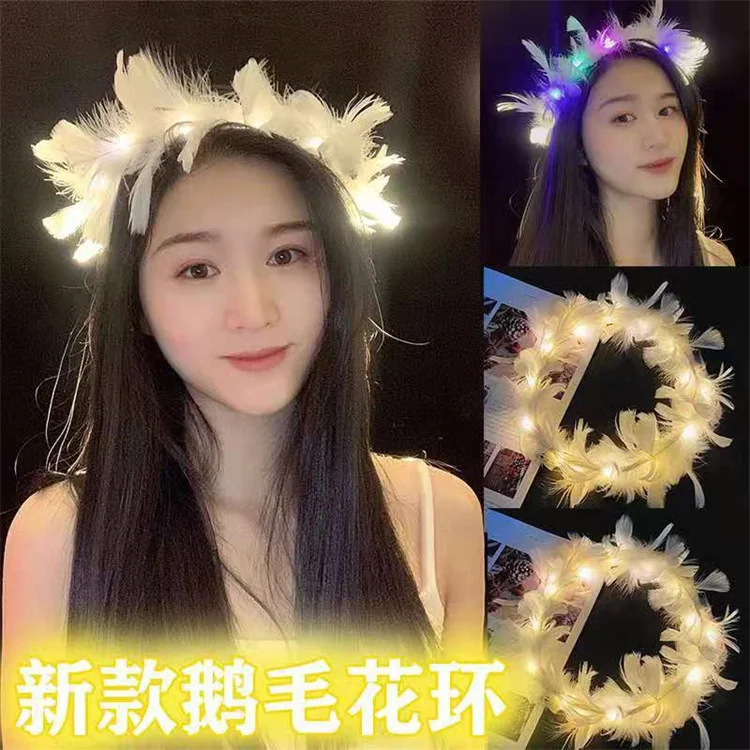 New Arrivals Luminous led feather Garland Headbands Flashing Angel Feather Wreath Headdress Colorful Led Headband for Girl
