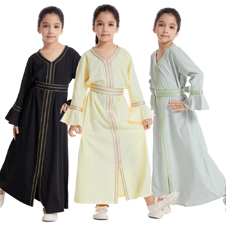 2024  New Design Best Selling RIBBONS Moroccan Kaftan Dresses Dubai Abayas Plain Color Kids Abaya Girls Muslim Dress