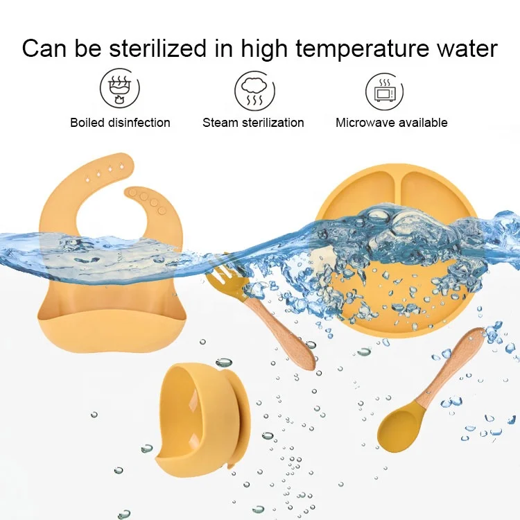 BPA FREE Platos de silicona Other Baby Feeding Products Silicone Bib Spoon Bowl Baby Suction Plate Cup Silicone Baby Feeding Set
