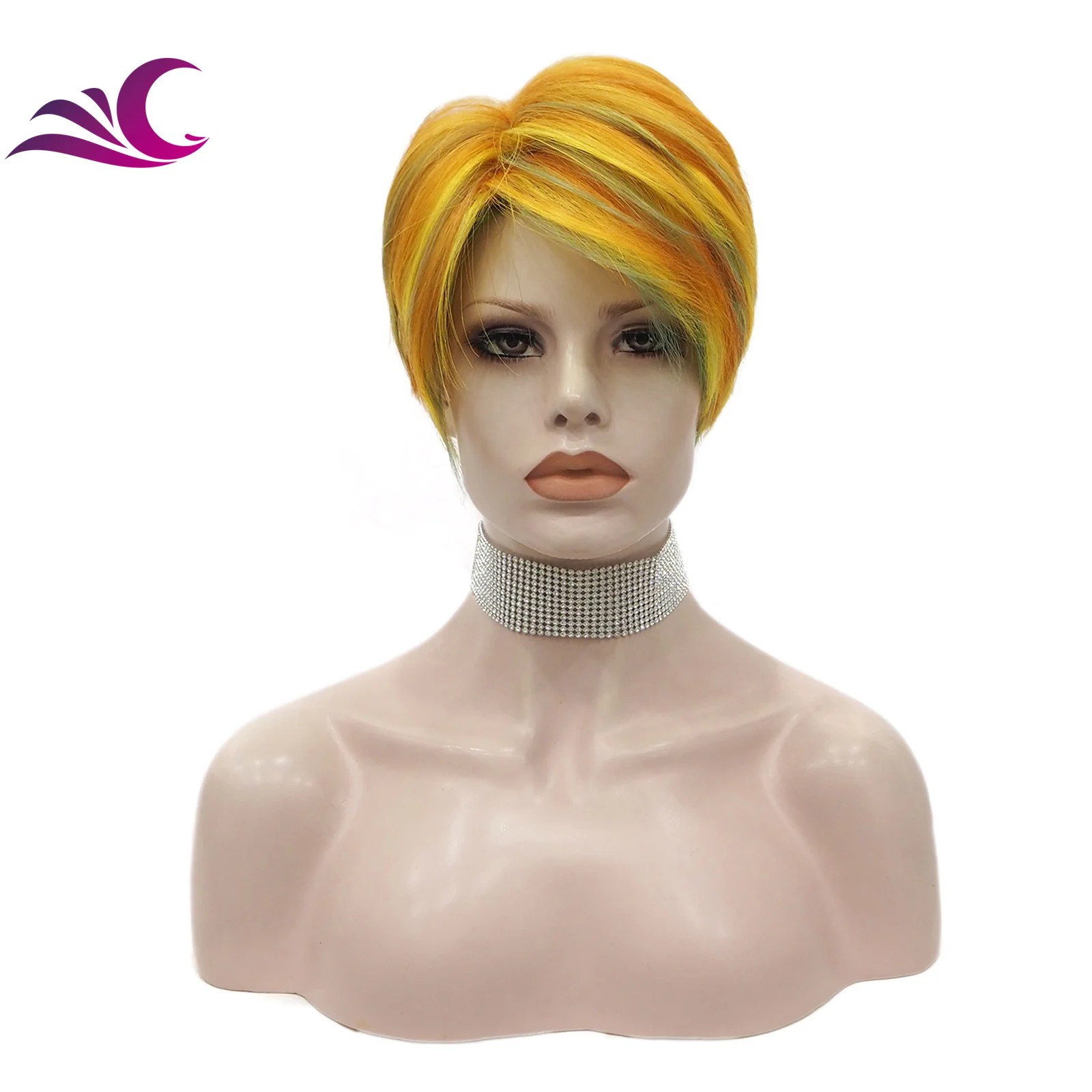 Celebrity Cosplay Wig Orange Mix Green Color Short Synthetic Wigs High Temperature Wholesale Synthetic Hair Wigs