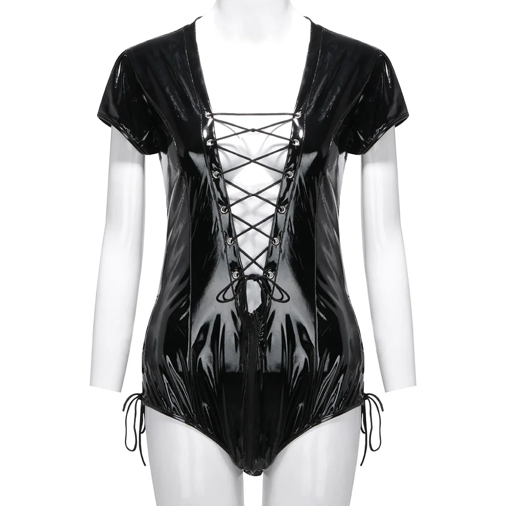 HKMN Women One Piece Metallic Leather Lingerie Open Front Lace Up Bodysuit Teddy Jumpsuit Leotard