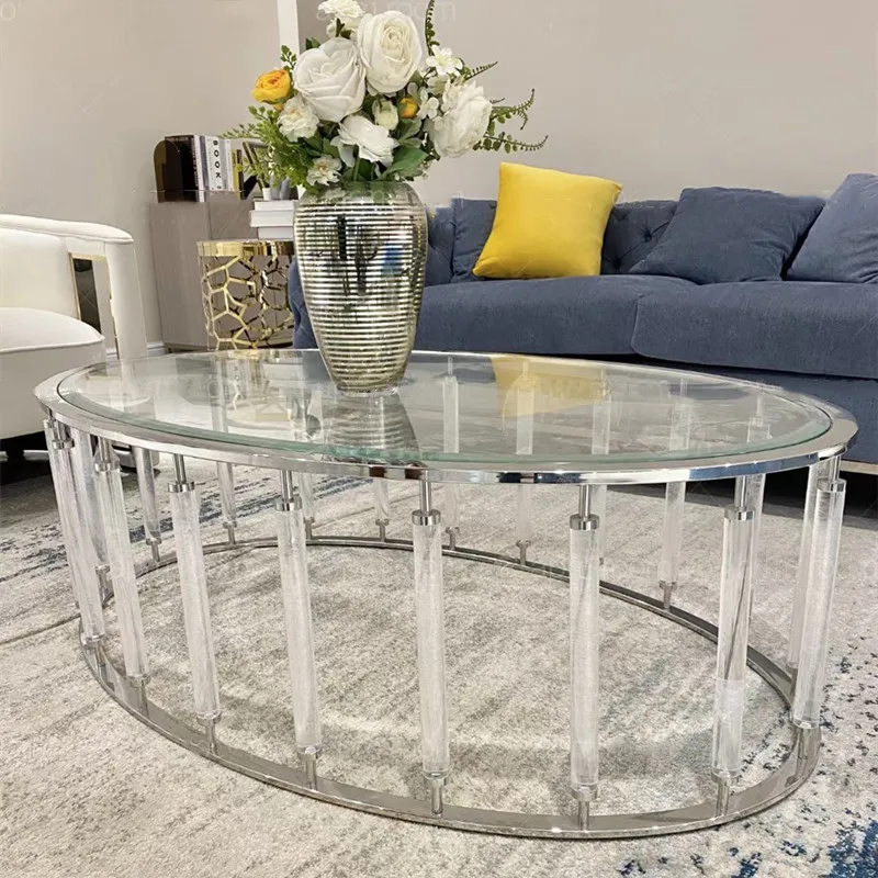 Luxury Oval Glass Top Metal Frame Acrylic Side Coffee Table Wedding Decoration Cake Table For Living Room Glass Customized Size