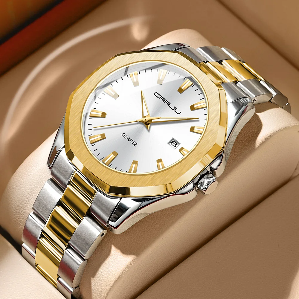 Crrju watch 5004 luxury guangzhou men hour hot sale Stainless steel band water resist Calendar Simple business watch kit