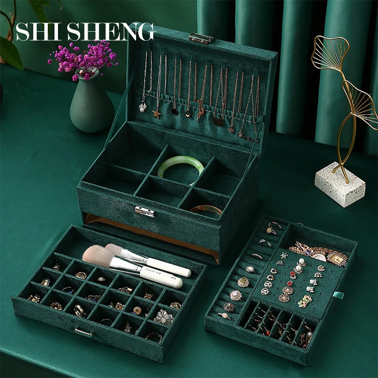 SHI SHENG New Three Layers Large Green Makeup Cases Velvet Jewelry Box With Lock for Ring Necklace Bracelet Organizer