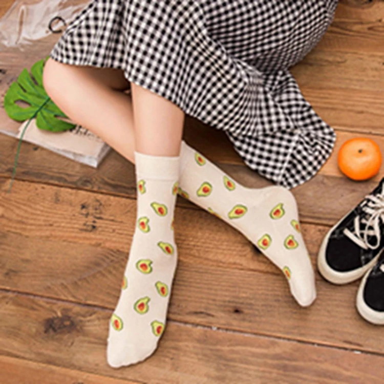 Новые забавные носки, женские милые Мультяшные хлопковые носки для скейтборда в стиле Харадзюку с фруктами, бананом, авокадо, лимоном, яйцом, печеньем