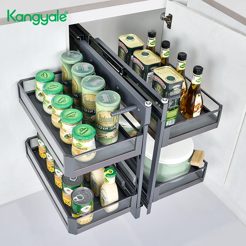 KANGYALE Storage Baskets Metal Multifunction Full Open Basket Kitchen Cabinet Corner Swivel Basket