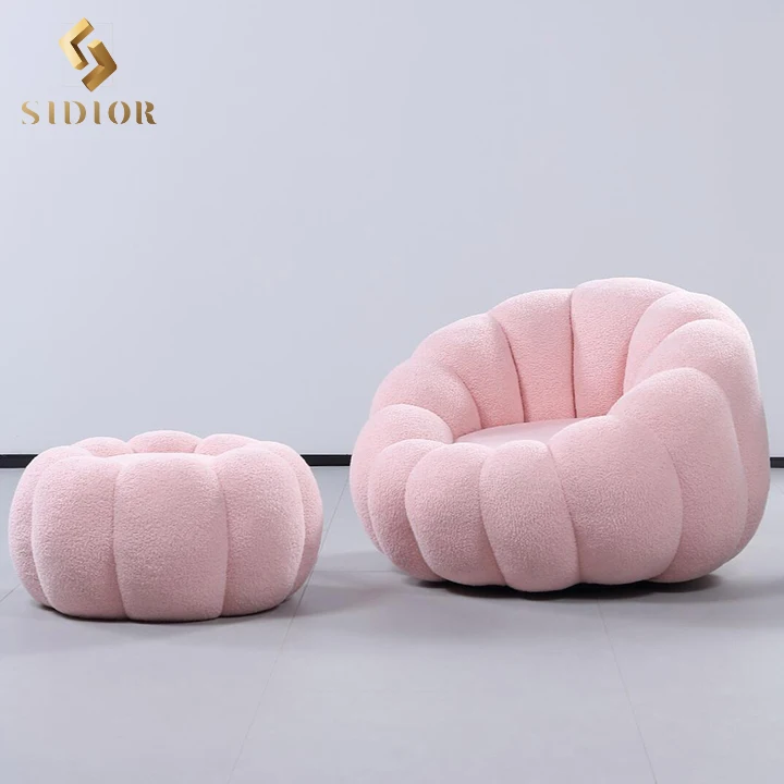 Cream White Lazy Pumpkin Sofa Shaped Boucle Accent Swivel Lounge Chair With Ottoman