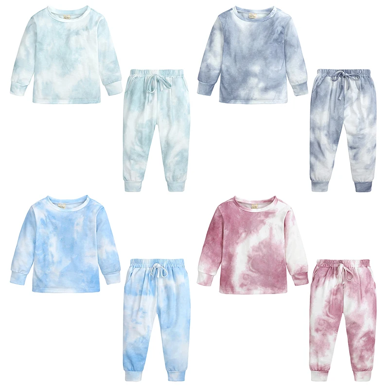 Fashionable tie dye clothes sets children girls long sleeve clothing kids pajamas set