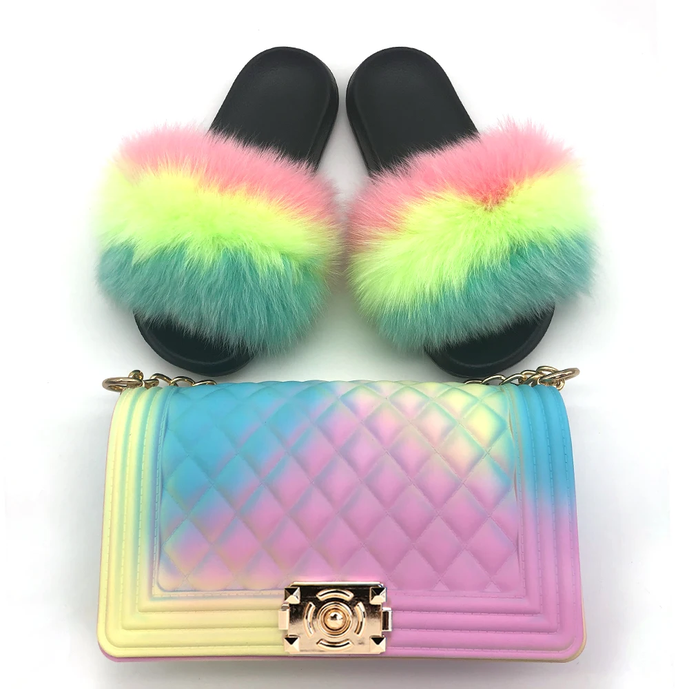Fashion Outdoor Soft Real fluffy Flip Flops Home Sets Sandals 2019 Fur Slides And Matching Purses Slippers Women Fur Slides