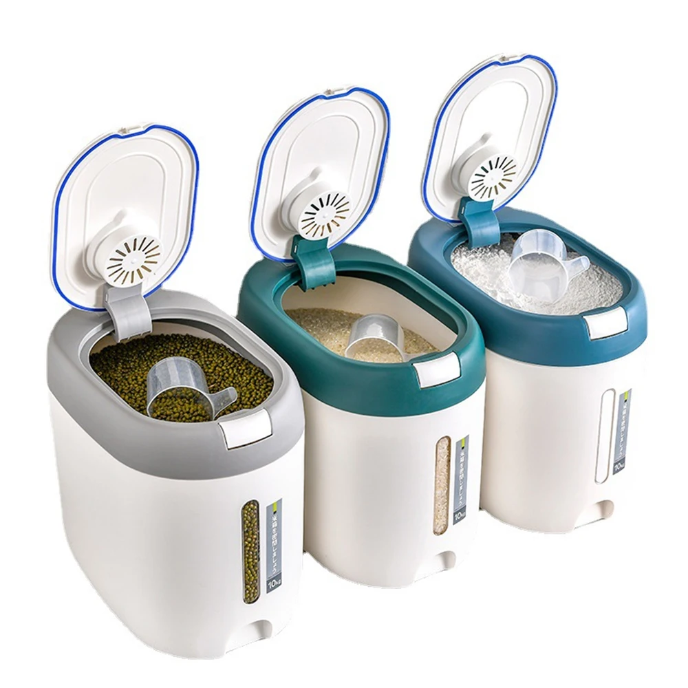 Household Moisture-proof Grain Container Automatic Open Rice Bucket 10KG Rice Dispenser Plastic Rice Food Storage Containers