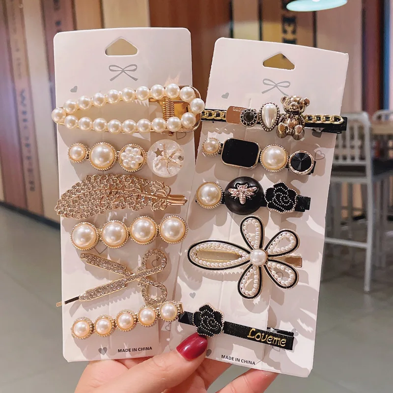 Fashion Multi Glitter Luxury Rhinestone Flower Hair Clips Women Gold Barrettes Clips Pearls Clip Hair Set